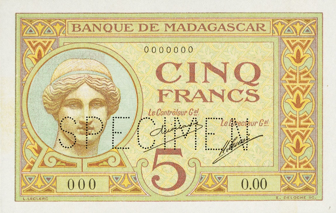 Front of Madagascar p35s: 5 Francs from 1937