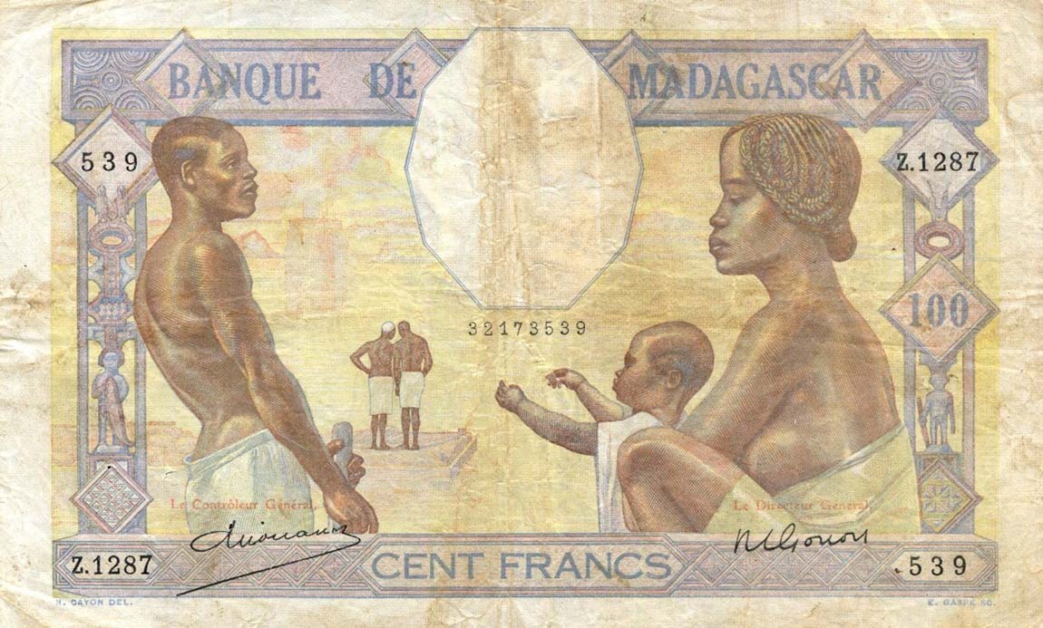 Front of Madagascar p40a: 100 Francs from 1937