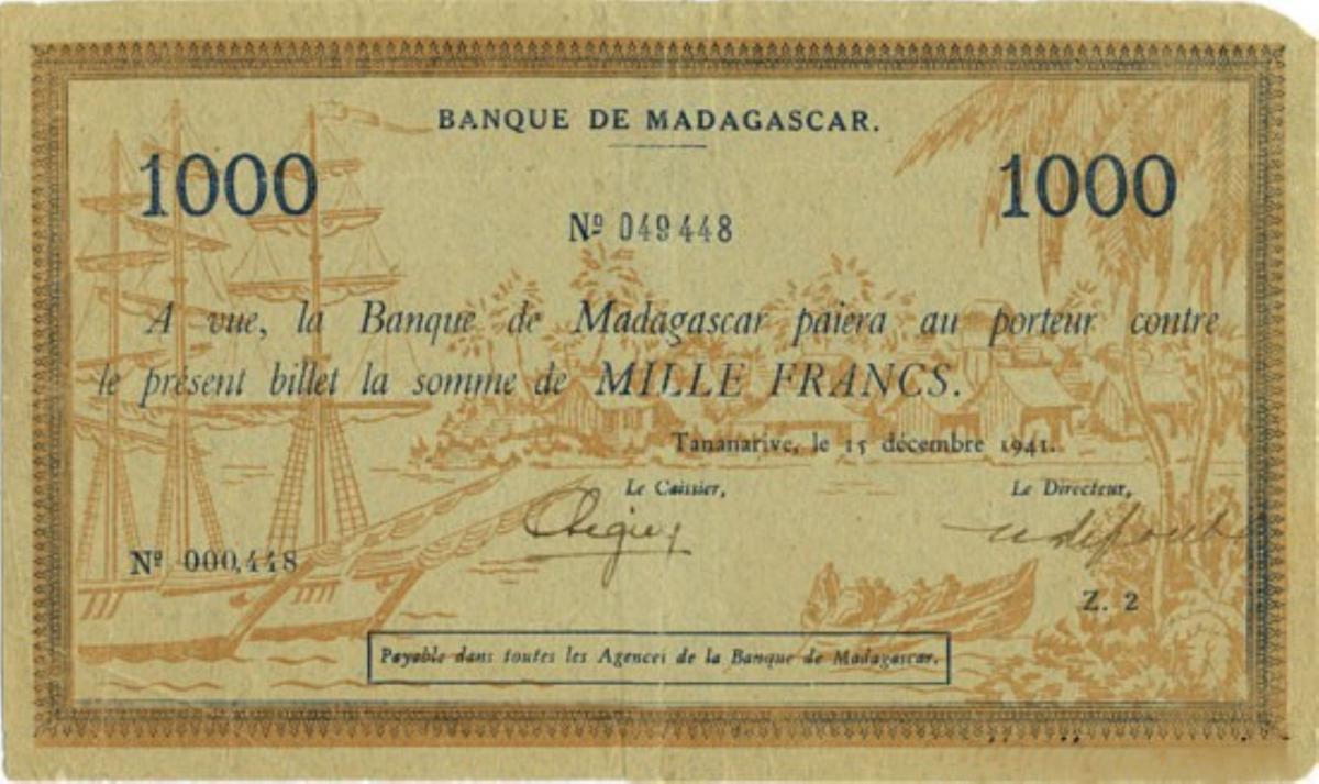 Front of Madagascar p43a: 1000 Francs from 1941