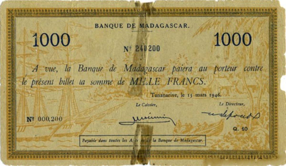 Front of Madagascar p43b: 1000 Francs from 1946