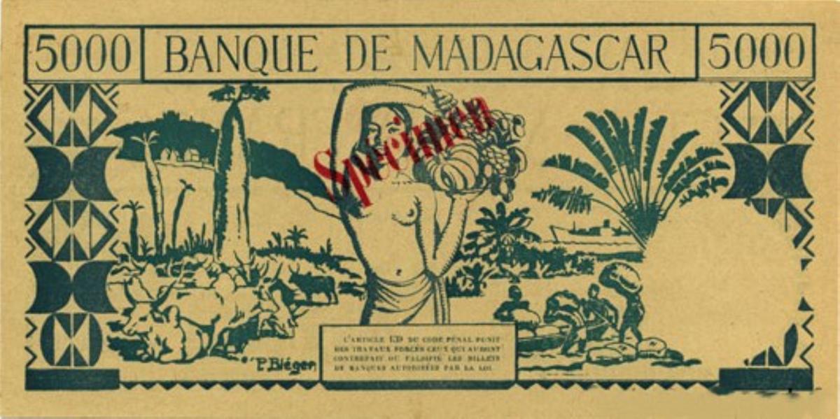 Back of Madagascar p44b: 5000 Francs from 1942