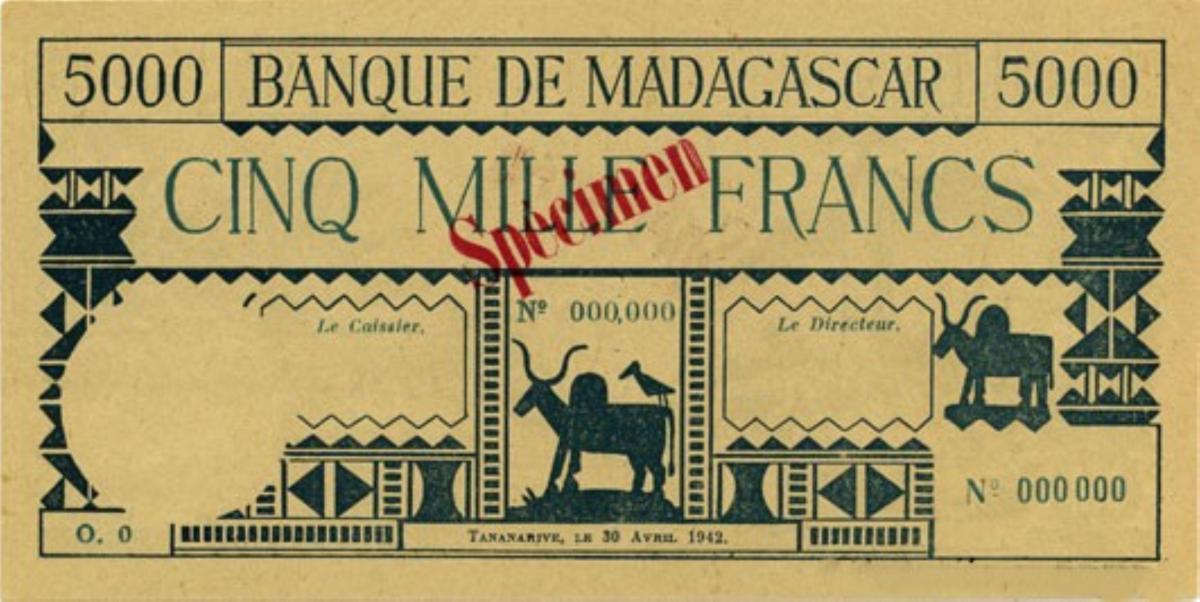 Front of Madagascar p44b: 5000 Francs from 1942