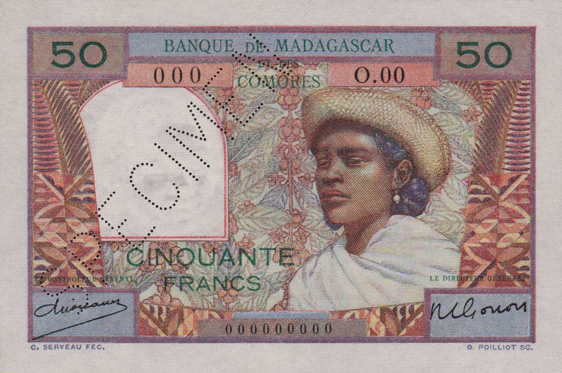 Front of Madagascar p45s: 50 Francs from 1950