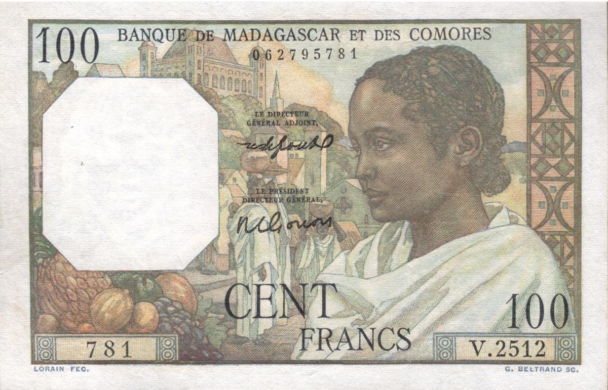 Front of Madagascar p46b: 100 Francs from 1950