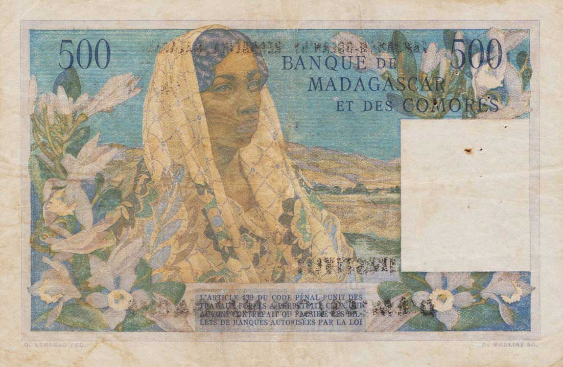 Back of Madagascar p53: 500 Francs from 1961