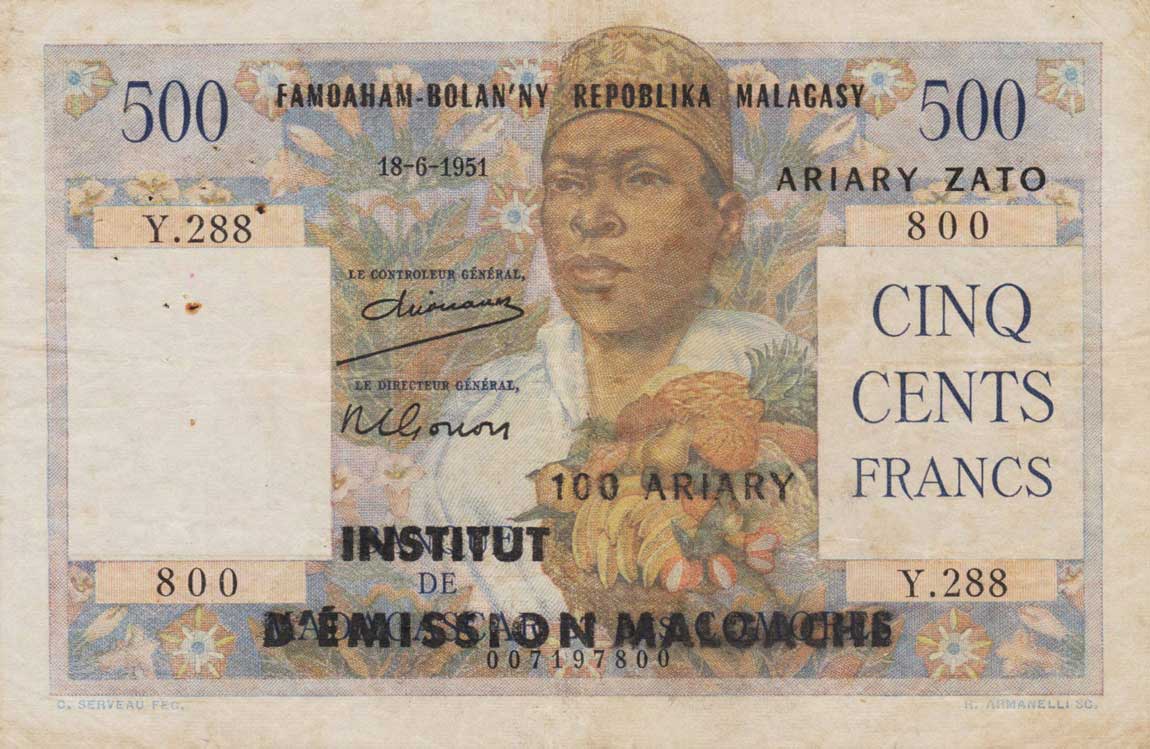 Front of Madagascar p53: 500 Francs from 1961