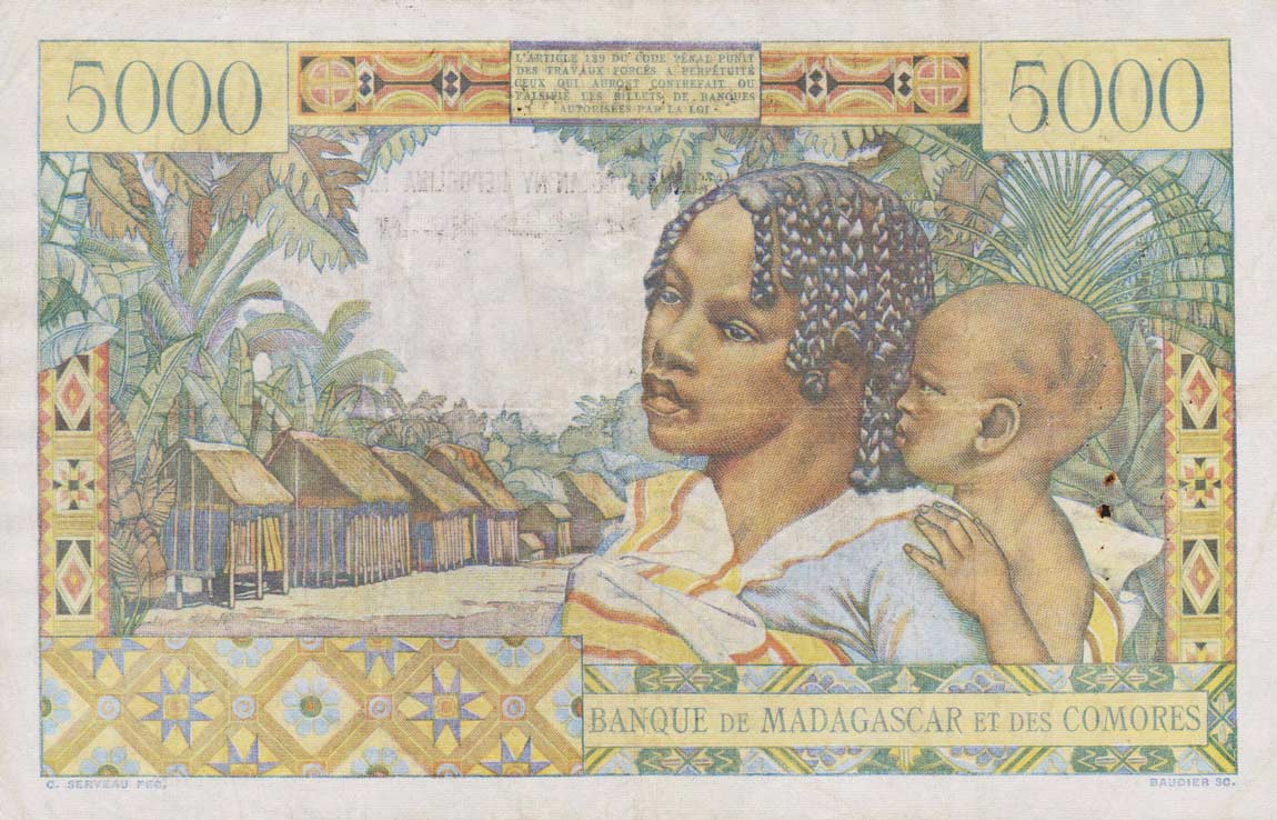 Back of Madagascar p55: 5000 Francs from 1961