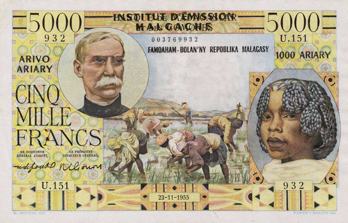 Front of Madagascar p55: 5000 Francs from 1961