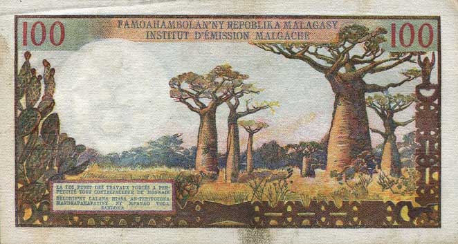 Back of Madagascar p57a: 100 Francs from 1966