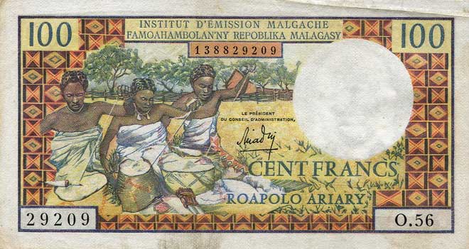 Front of Madagascar p57a: 100 Francs from 1966