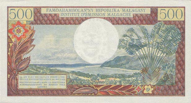 Back of Madagascar p58a: 500 Francs from 1966