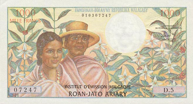 Front of Madagascar p59a: 1000 Francs from 1966