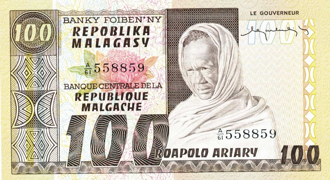 Front of Madagascar p63a: 100 Francs from 1974