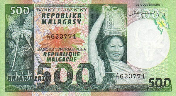 Front of Madagascar p64a: 500 Francs from 1974