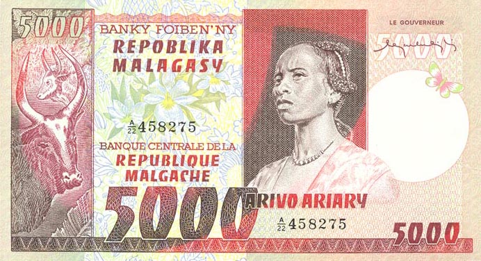 Front of Madagascar p66a: 5000 Francs from 1974