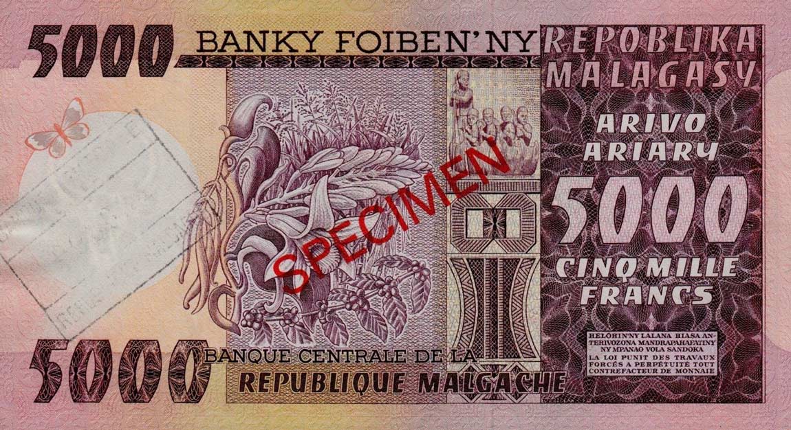 Back of Madagascar p66s: 5000 Francs from 1974