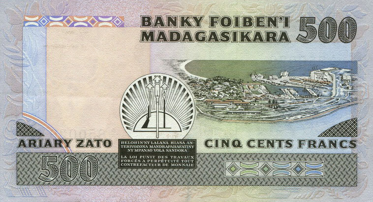 Back of Madagascar p67b: 500 Francs from 1983