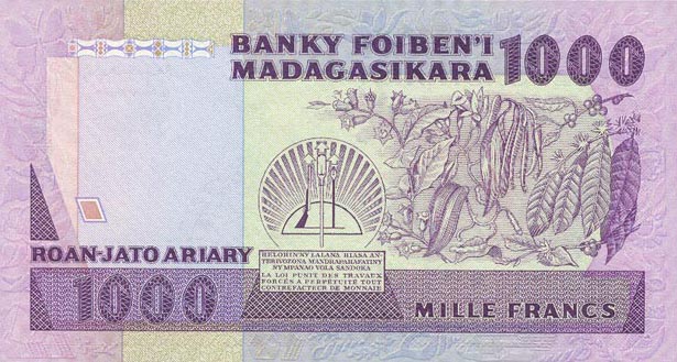 Back of Madagascar p68a: 1000 Francs from 1983