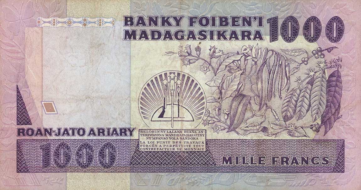 Back of Madagascar p68b: 1000 Francs from 1983