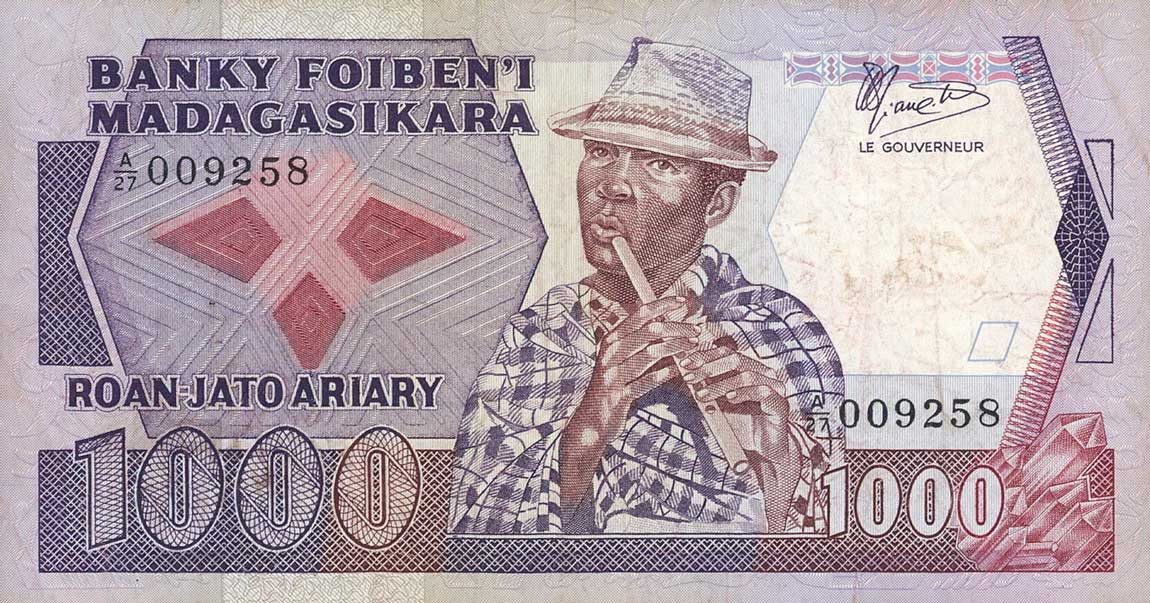Front of Madagascar p68b: 1000 Francs from 1983