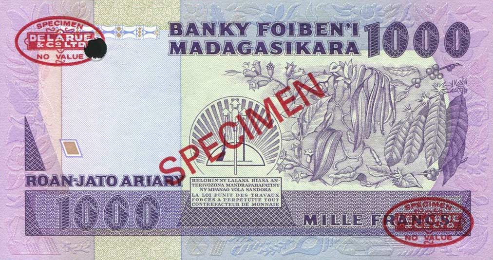 Back of Madagascar p68s: 1000 Francs from 1983