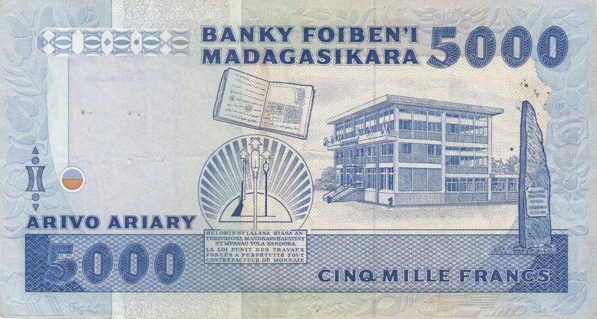 Back of Madagascar p69b: 5000 Francs from 1983