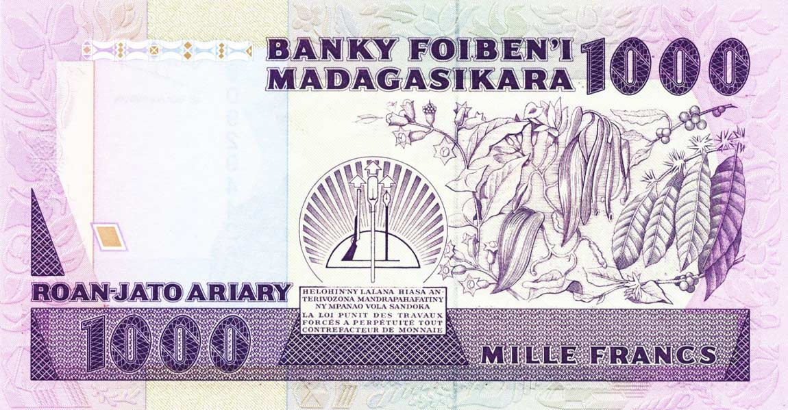 Back of Madagascar p72a: 1000 Francs from 1988