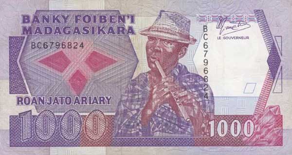 Front of Madagascar p72b: 1000 Francs from 1988