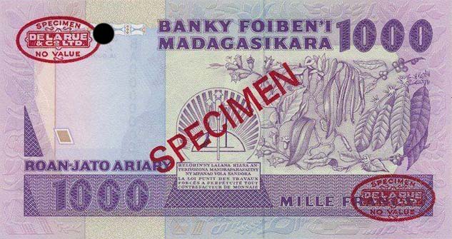 Back of Madagascar p72s: 1000 Francs from 1988