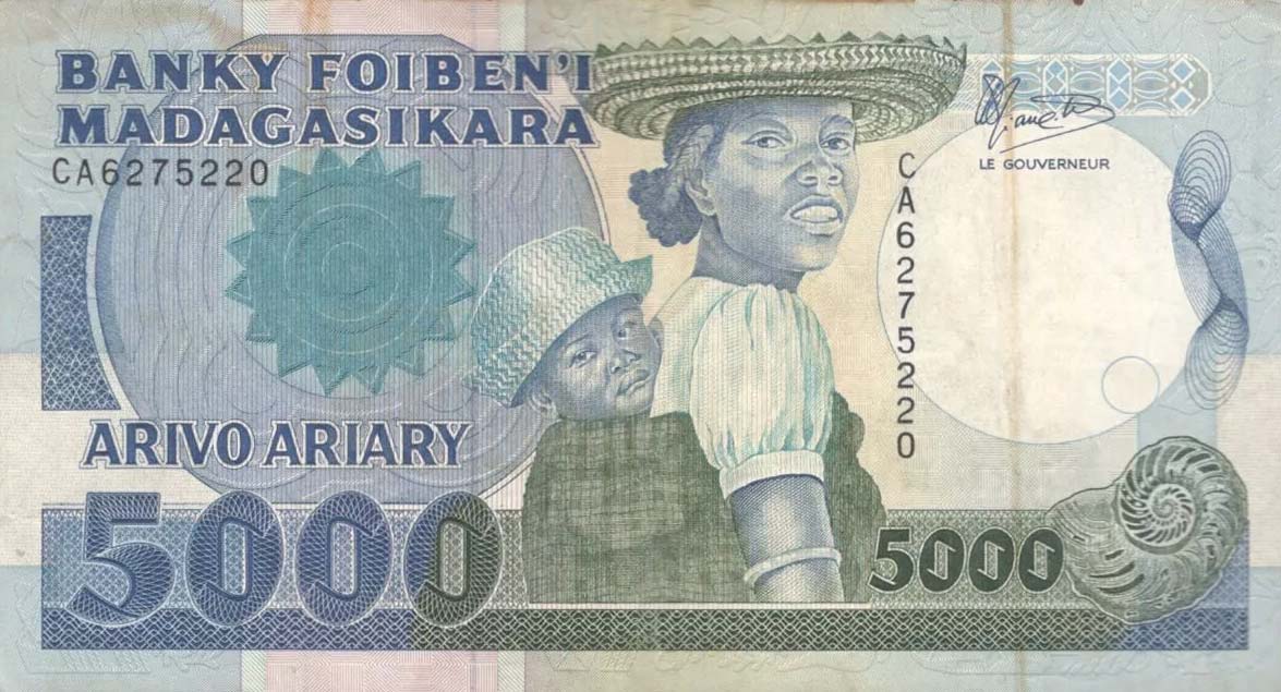 Front of Madagascar p73a: 5000 Francs from 1988