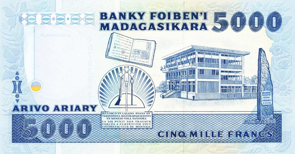Back of Madagascar p73a: 5000 Francs from 1988