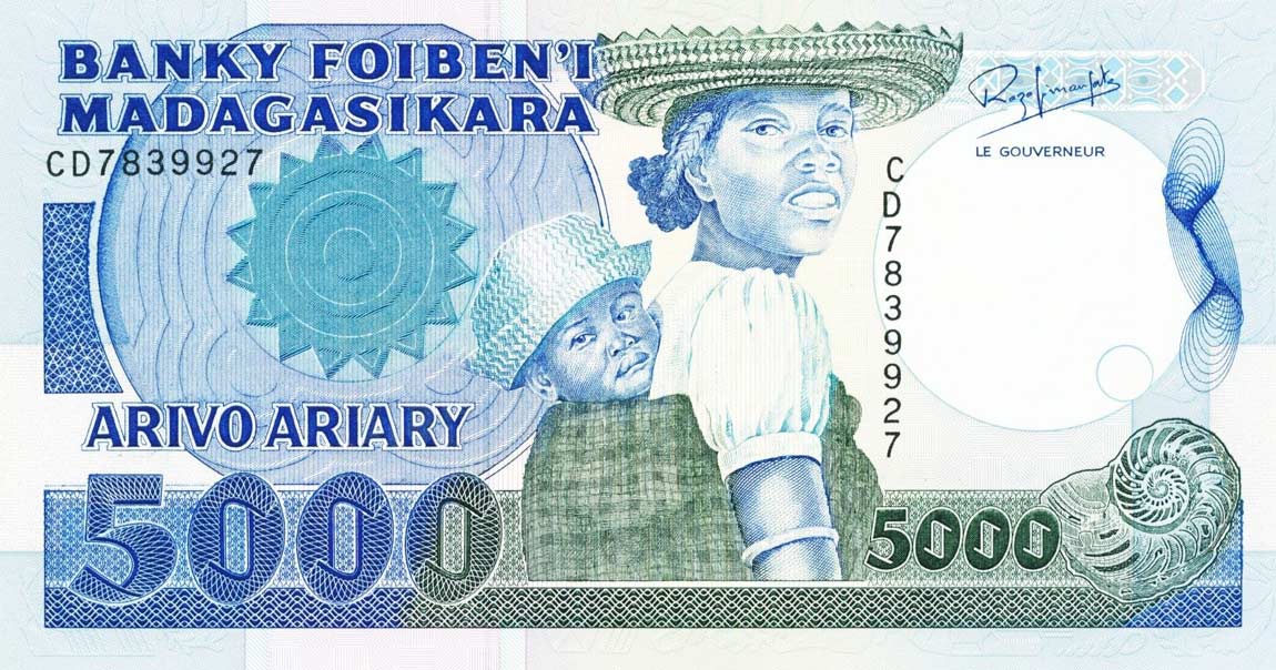 Front of Madagascar p73a: 5000 Francs from 1988