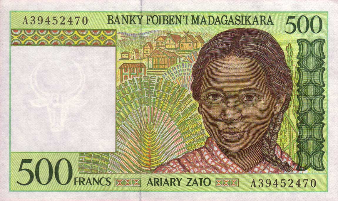 Front of Madagascar p75a: 500 Francs from 1994