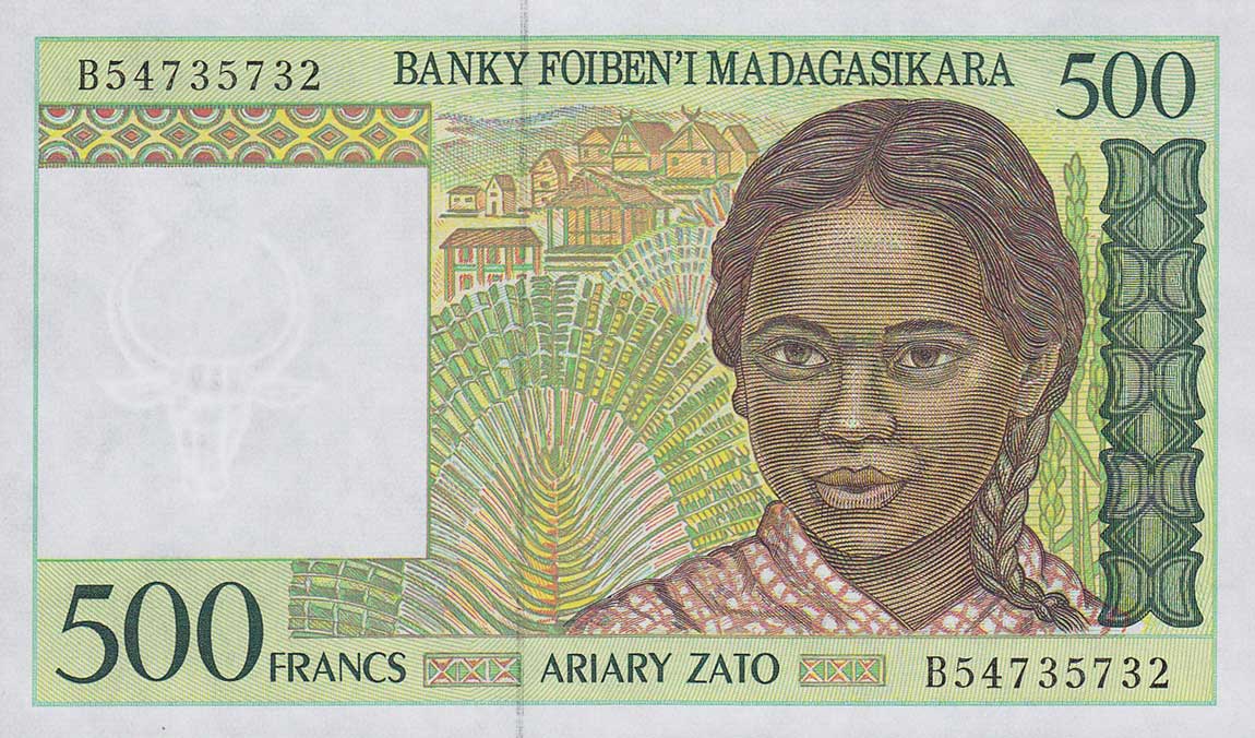 Front of Madagascar p75b: 500 Francs from 1994