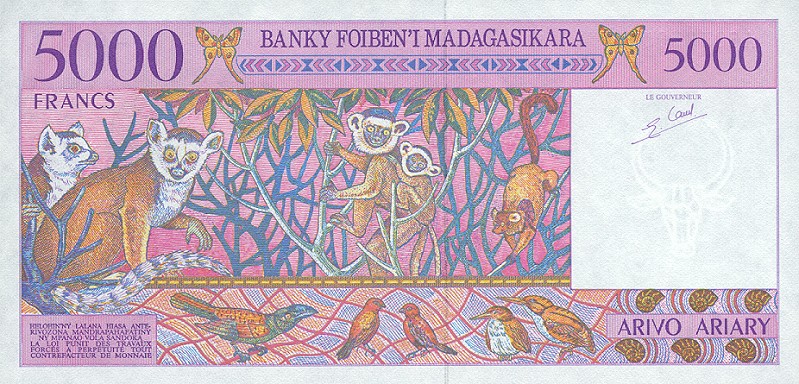 Back of Madagascar p78a: 5000 Francs from 1995