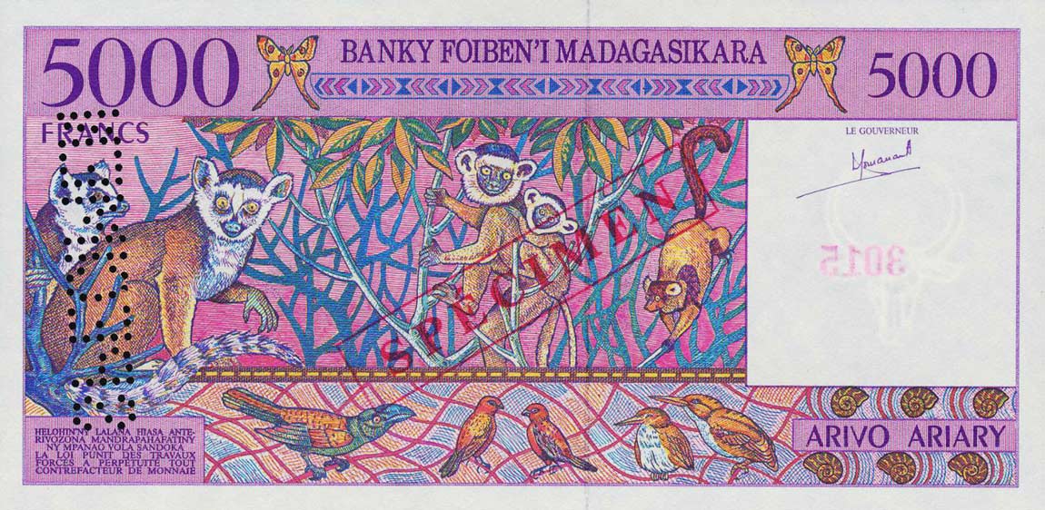 Back of Madagascar p78s: 5000 Francs from 1995