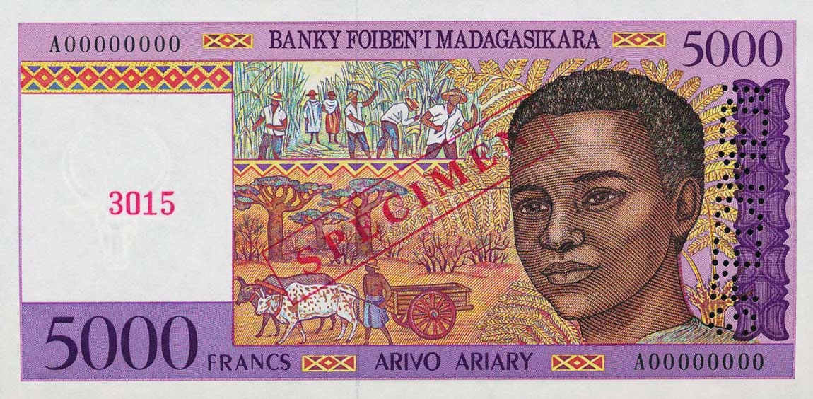 Front of Madagascar p78s: 5000 Francs from 1995