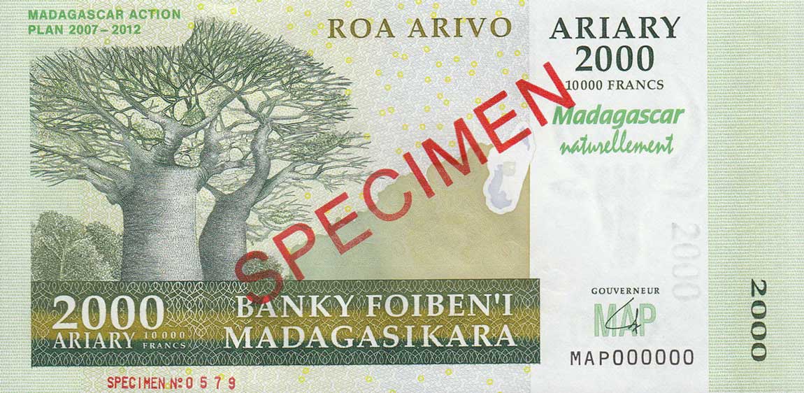 Front of Madagascar p93s: 2000 Ariary from 2007