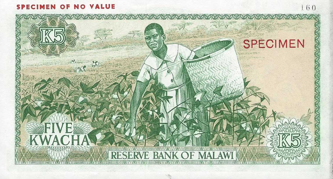 Back of Malawi p11ct: 5 Kwacha from 1964