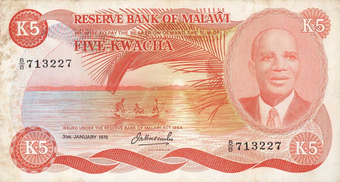 Front of Malawi p15a: 5 Kwacha from 1976