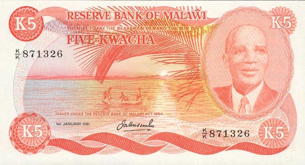 Front of Malawi p15d: 5 Kwacha from 1981