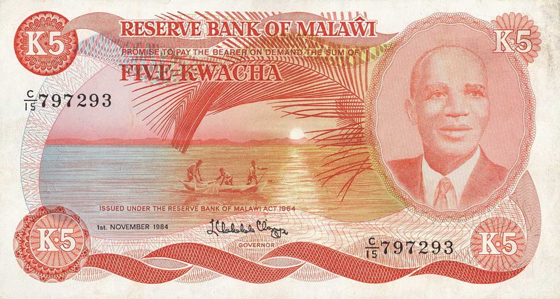 Front of Malawi p15f: 5 Kwacha from 1984