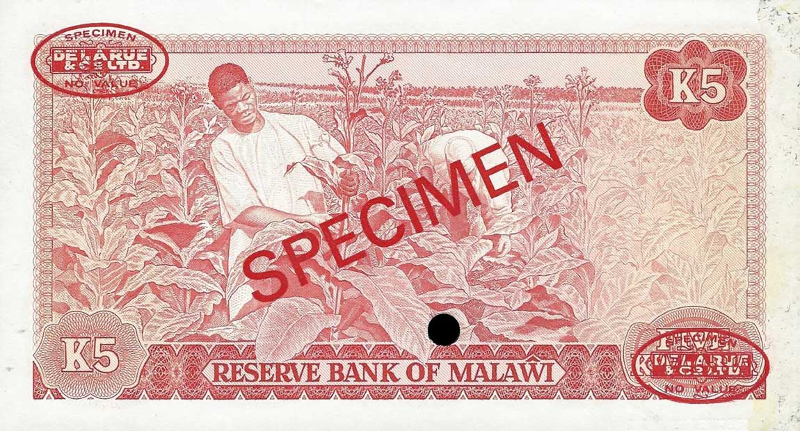 Back of Malawi p15s: 5 Kwacha from 1976