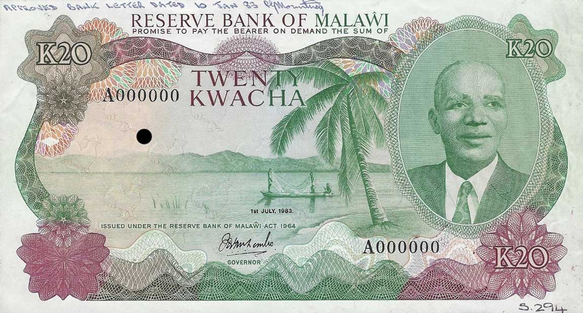 Front of Malawi p17s: 20 Kwacha from 1983