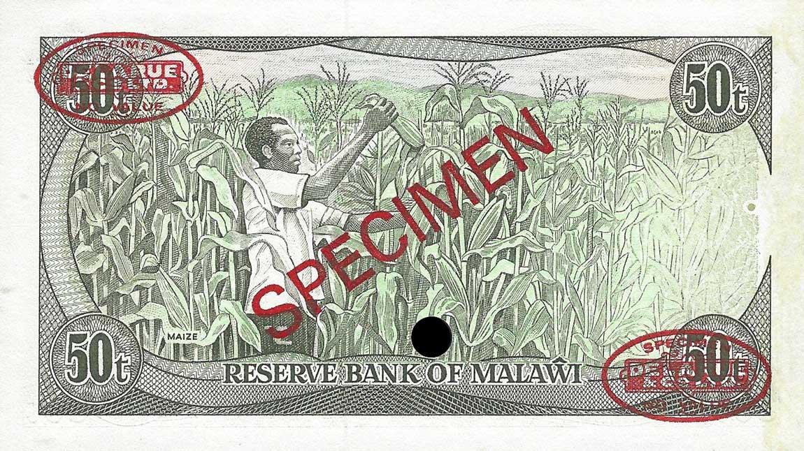 Back of Malawi p18s: 50 Tambala from 1986