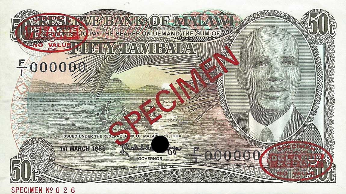 Front of Malawi p18s: 50 Tambala from 1986