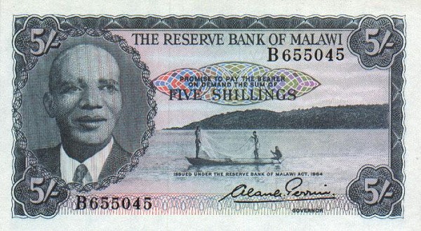 Front of Malawi p1a: 5 Shillings from 1964