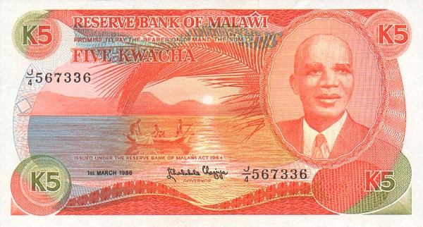 Front of Malawi p20a: 5 Kwacha from 1986