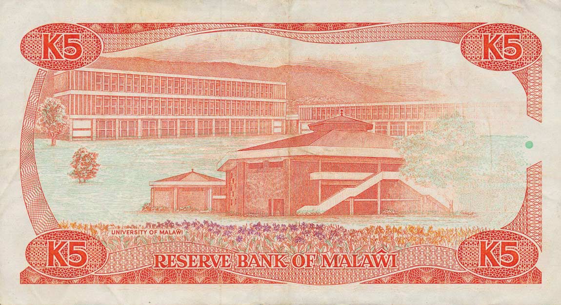 Back of Malawi p20b: 5 Kwacha from 1988