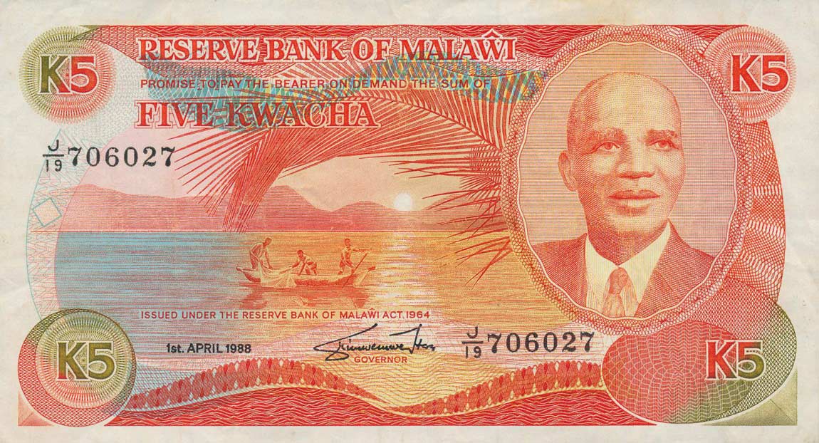 Front of Malawi p20b: 5 Kwacha from 1988